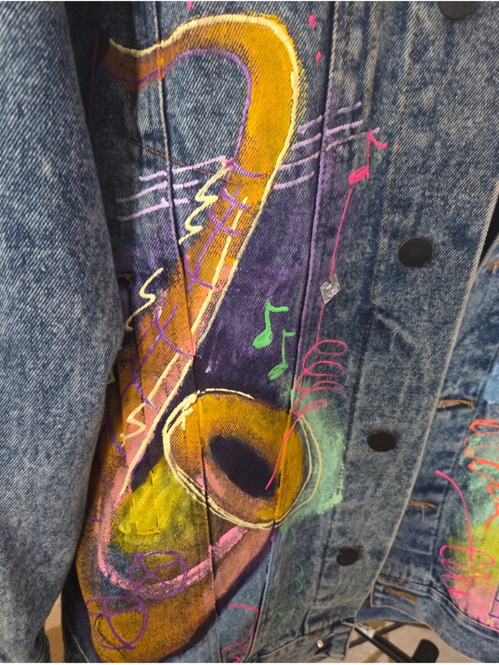 Vintage Hand-Painted Acid Wash Denim Jacket with Neon Piano & Sax Art - Picture 11 of 13